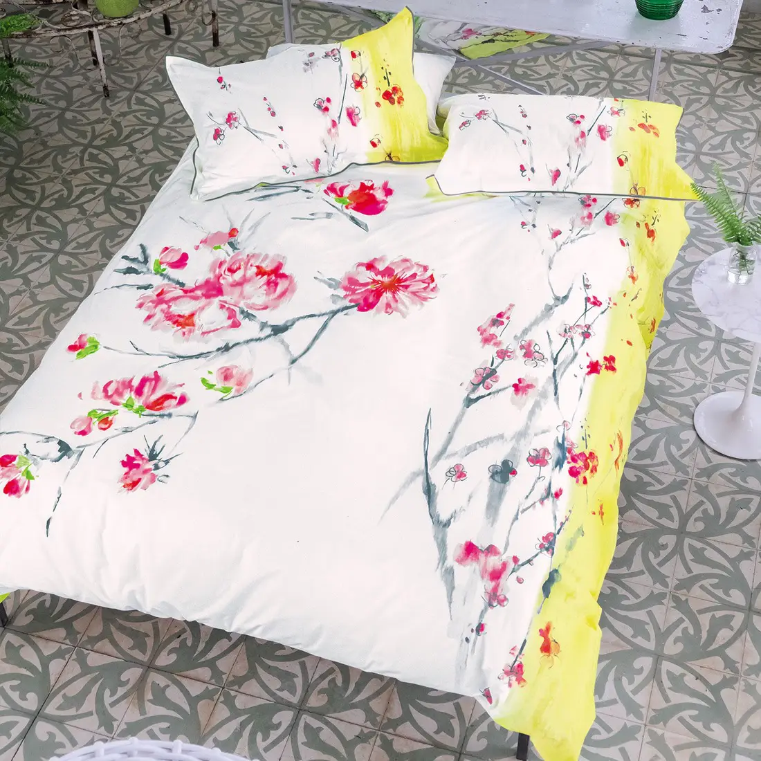 Housse de couette imprimée en satin de coton Oriental Flower multicolore